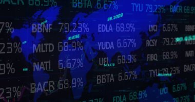 Dünya haritası üzerinde finansal veri işleme ve borsa görüntüsü. küresel iş, bağlantılar, dijital arayüz ve teknoloji konsepti dijital olarak oluşturulmuş görüntü.