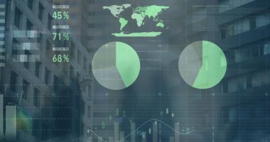 Yürüyen iş adamları üzerinde finansal veri işleme görüntüsü. küresel iş, finans ve dijital arayüz kavramı dijital olarak oluşturulmuş görüntü.