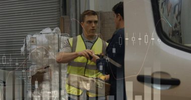 Kafkas erkek kurye ve depo çalışanı üzerindeki mali veriler. iş, finans ve dağıtım hizmetleri kavramı dijital olarak oluşturulmuş görüntü.