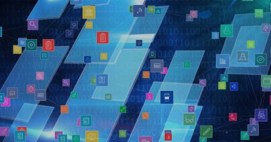 Mavi ekranlar ve ikili kodlama üzerinde dijital simgelerin görüntüsü. küresel bağlantılar ve dijital arayüz konsepti dijital olarak oluşturulmuş görüntü.