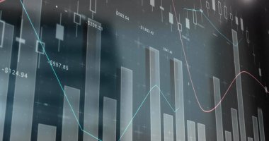 Şehrin üzerinde hareket eden finansal grafiklerin resmi. Küresel ticaret, finans ve ekonomi kavramı dijital olarak üretilen imaj.