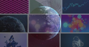 Veri işleme ve dijital ekranların dünyadaki görüntüsü. Küresel iş ve dijital arayüz kavramı dijital olarak oluşturulmuş görüntü.