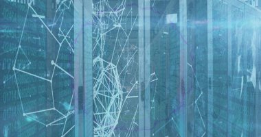 Sunucular üzerinde şekillerin, bağlantıların ve ışıkların görüntüsü. Ağ, bağlantılar, veri işleme ve teknoloji konsepti dijital olarak oluşturulmuş görüntü.