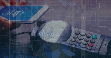 Akıllı telefon ve ödeme terminali yerine bitcoin resmi. Küresel iş teknolojisi ve veri işleme kavramı dijital olarak oluşturulmuş görüntü.