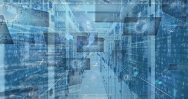 Sunucu odasında matematiksel denklemlerin ve veri işlemenin resmi. Küresel teknoloji, bilgisayar ve dijital arayüz kavramı dijital olarak oluşturulmuş görüntü.