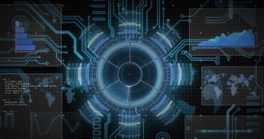 Siyah arkaplanda anakart üzerindeki arayüzdeki dairesel tarayıcı işleme verilerinin görüntüsü. Veri, küresel iletişim ve dijital arayüz kavramı dijital olarak oluşturulmuş görüntü.