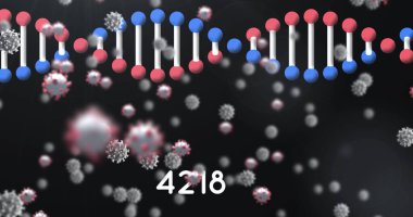 Düşen hücrelerin resmi ve karanlık arka planda DNA ipliği. Genel covid 19 salgın konsepti dijital görüntü oluşturdu.