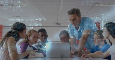 Image of mathematical equations over schoolchildren using laptop. global education, technology and connections concept digitally generated image. clipart