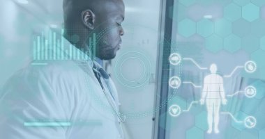 Afro-Amerikan erkek doktor üzerinden tıbbi veri işleme görüntüsü. Küresel sağlık, bilim, tıp, araştırma, bilgisayar ve veri işleme kavramı dijital olarak oluşturulmuş görüntü.