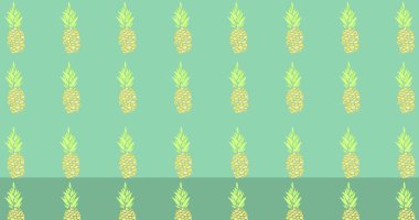 Mavi arka planda bir sırada hareket eden ananas görüntüsü. Dijital olarak üretilmiş, meyve, yiyecek, sağlıklı, illüstrasyon ve soyut kavram.