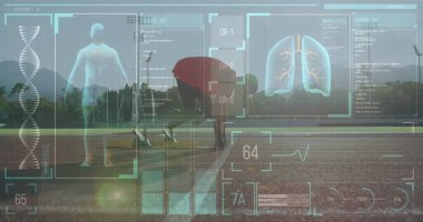 Koşu parkurunda çalışan engelli erkek sporcunun dijital veri işleme görüntüsü. global spor, rekabet, engellilik ve dijital arayüz kavramı dijital olarak oluşturulmuş görüntü.