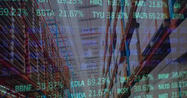 Boş deponun üzerinde veri işleme resmi. küresel sevkiyat, dağıtım ve bağlantılar konsepti dijital olarak oluşturuldu.