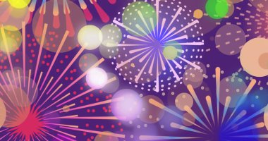 Image of colourful spots of light over graphic new year fireworks exploding. New year, party, celebration and tradition concept digitally generated image. clipart