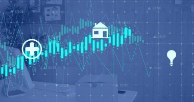 Ofisteki bilgisayara karşı dijital simgeler ve finansal veri işleme resimleri. Küresel finans ve iş teknolojisi kavramı