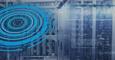 Sunucu odasında veri işleme resmi. küresel teknoloji ve dijital arayüz kavramı dijital olarak oluşturulmuş görüntü.