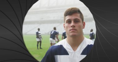 Stadyumdaki erkek rugby oyuncuları üzerinde siyah şekiller. spor ve yarışma konsepti dijital olarak oluşturulmuş görüntü.