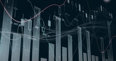 Siyah arkaplana karşı değişen sayılarla birden fazla grafiğin resmi. Dijital olarak üretilen, hologram, illüstrasyon, iş, büyüme, soyut ve iş konsepti.