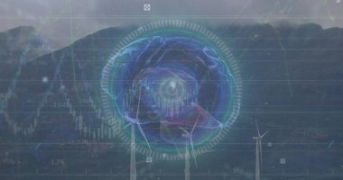 Rüzgar türbinlerinin üzerindeki veri işleme görüntüsü. Küresel iş ve dijital arayüz kavramı dijital olarak oluşturulmuş görüntü.
