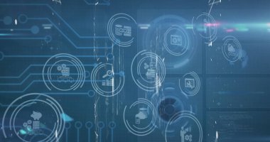 Siyah arkaplanda bilgisayar devre kartının üzerindeki simgelerle birlikte tarama alanı resmi. Küresel iş ve dijital arayüz kavramı dijital olarak oluşturulmuş görüntü.