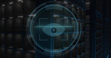 Bilgisayar sunucuları üzerinden veri işleme resmi. Küresel bulut hesaplaması, dijital arayüz ve veri işleme kavramı dijital olarak oluşturuldu.