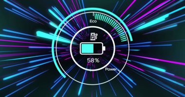 Pembe ve mavi neon ışık yollarının üzerindeki elektrikli araba simgeleri. Dijital olarak oluşturulmuş küresel bağlantılar, hesaplama ve veri işleme kavramı.