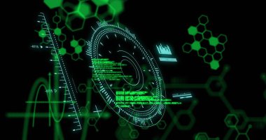 Dürbün taramasında veri işleme resmi. Küresel hesaplama, dijital arayüz ve veri işleme kavramı dijital olarak oluşturuldu.