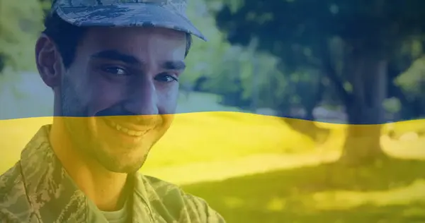 Image Flag Ukraine Happy Biracial Male Soldier Ukraine Crisis International — Stock Photo, Image