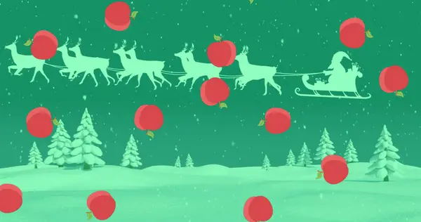 Цифровое Изображение Санта Клауса Санях Тянущихся Северными Оленями Яблоками Падающими — стоковое фото