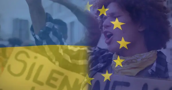 Image Flag Ukraine European Union Diverse Protesters Ukraine Crisis International — Stock Photo, Image