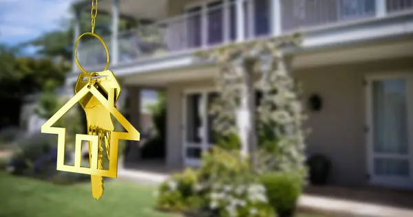 Image Golden House Keys House Shaped Key Fob Hanging Out — Stock Photo, Image