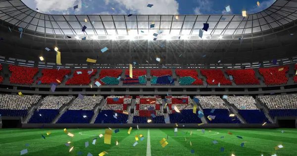 Kuva Kultaisesta Konfetista Jalkapallostadionilla World Cup Jalkapallo Käsite Digitaalisesti Luotu — kuvapankkivalokuva