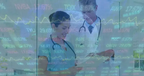 Image Data Processing Two Diverse Doctors Global Medicine Technology Data — Stock Photo, Image