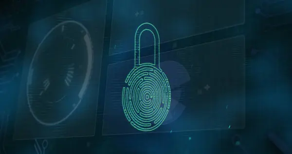 Image of security padlock icon over interface with data processing against blue background. Cyber security and computer interface technology concept