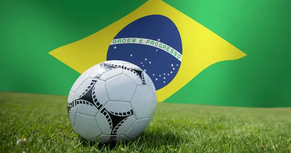 Bild Viftande Flagga Brazil Över Fotboll Fotboll Koncept Digitalt Genererad — Stockfoto