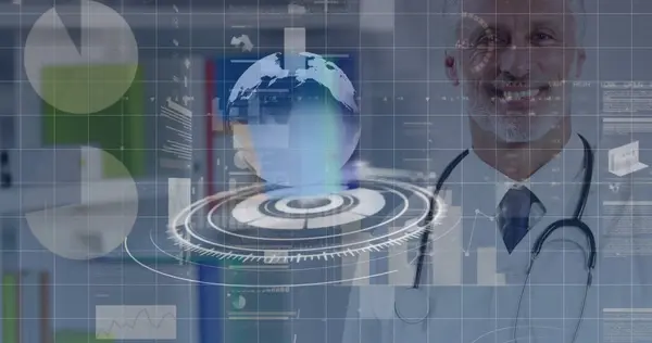 Kafkas Erkek Doktor Üzerinde Veri Işleme Küre Görüntüsü Küresel Tıp — Stok fotoğraf