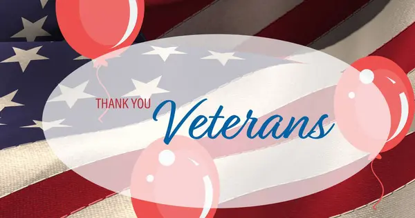 退役軍人のテキストに感謝の構成 アメリカの旗の上に赤い風船と 愛国心独立軍お祝いのコンセプトデジタルで生成されたイメージ — ストック写真