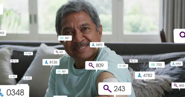 Image Social Media Icons Numbers Senior Biracial Man Home Global — Stock Photo, Image