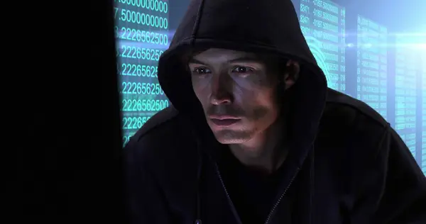 Image Caucasian Male Hacker Wearing Hoodie Using Laptop Multiple Screens — Stock Photo, Image