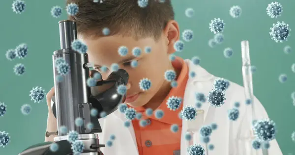 Image Coronavirus Cells Flowing Male Laboratory Worker Examining Sample Research — Stock Photo, Image