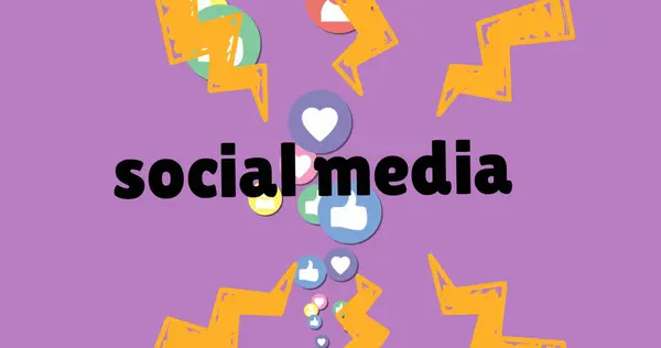 在紫色背景上的社交媒体图标和文字图像 全球社交媒体 通信和数字接口概念 — 图库照片