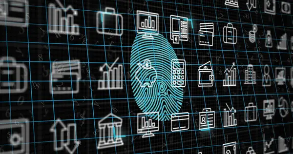 Image of icons over fingerprint icon on black background. Global business, finances and digital interface concept digitally generated image.