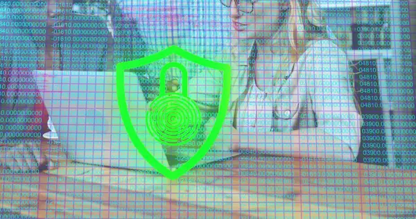 Image Padlock Icon Data Processing Caucasian Woman Using Laptop Global — Stock Photo, Image