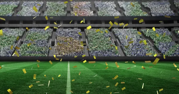 Image Confetti Falling Empty Sports Stadium Celebration Winning Sports Competition — Stock Photo, Image