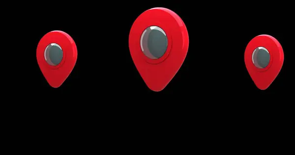 Digital Image Red Map Pins Moving Screen Black Background — Stock Photo, Image