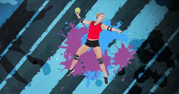 Image of caucasian female handball player holding ball over blue stripes. sports and competition concept digitally generated image.