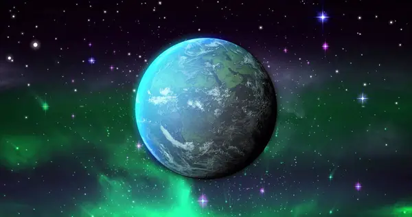 Bild Blå Planet Över Violett Och Grönt Utrymme Med Stjärnor — Stockfoto