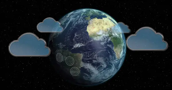 Цифровая Иллюстрация Земли Иконками Облаков Погодными Символами График Представляет Метеорологические — стоковое фото