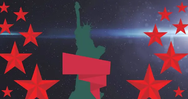 Image Red Stars Statue Liberty Silhouette Black Background Light American — Stock Photo, Image
