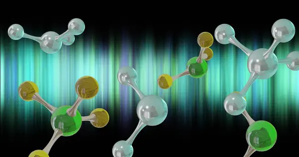 分子モデルのマイクロ画像とブラックバック上のライトトレイル グローバルサイエンス リサーチ コネクションコンセプトデジタル生成画像 — ストック写真
