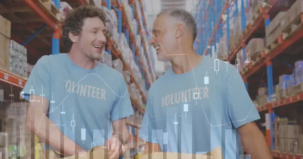 Statistical Data Processing Two Caucasian Male Volunteers High Fiving Each — Stock Photo, Image